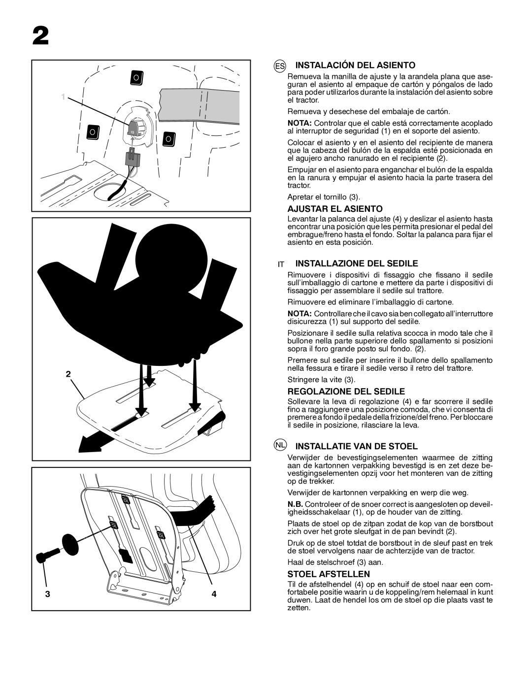 Husqvarna LTH171 Instalación DEL Asiento, Ajustar EL Asiento, Installazione DEL Sedile, Regolazione DEL Sedile 