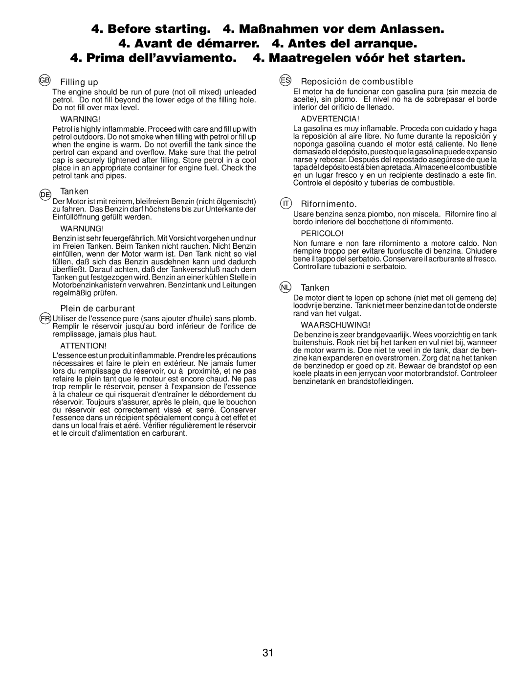 Husqvarna LTH171 instruction manual Filling up, Tanken, Plein de carburant, Reposición de combustible, Rifornimento 