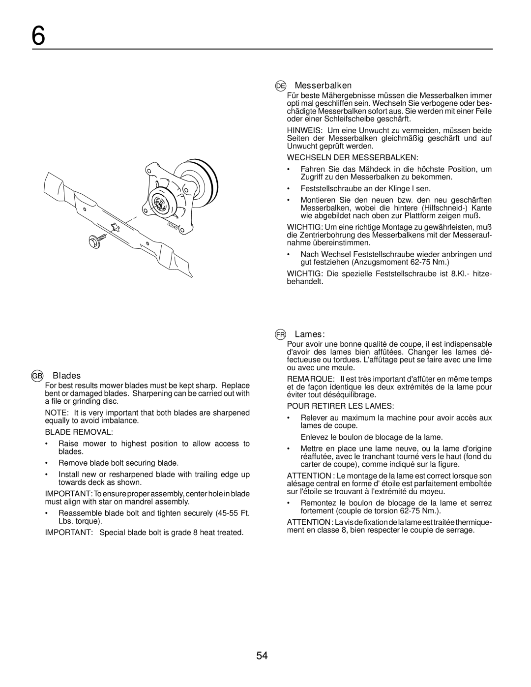 Husqvarna LTH171 instruction manual Blades, Messerbalken, Lames 