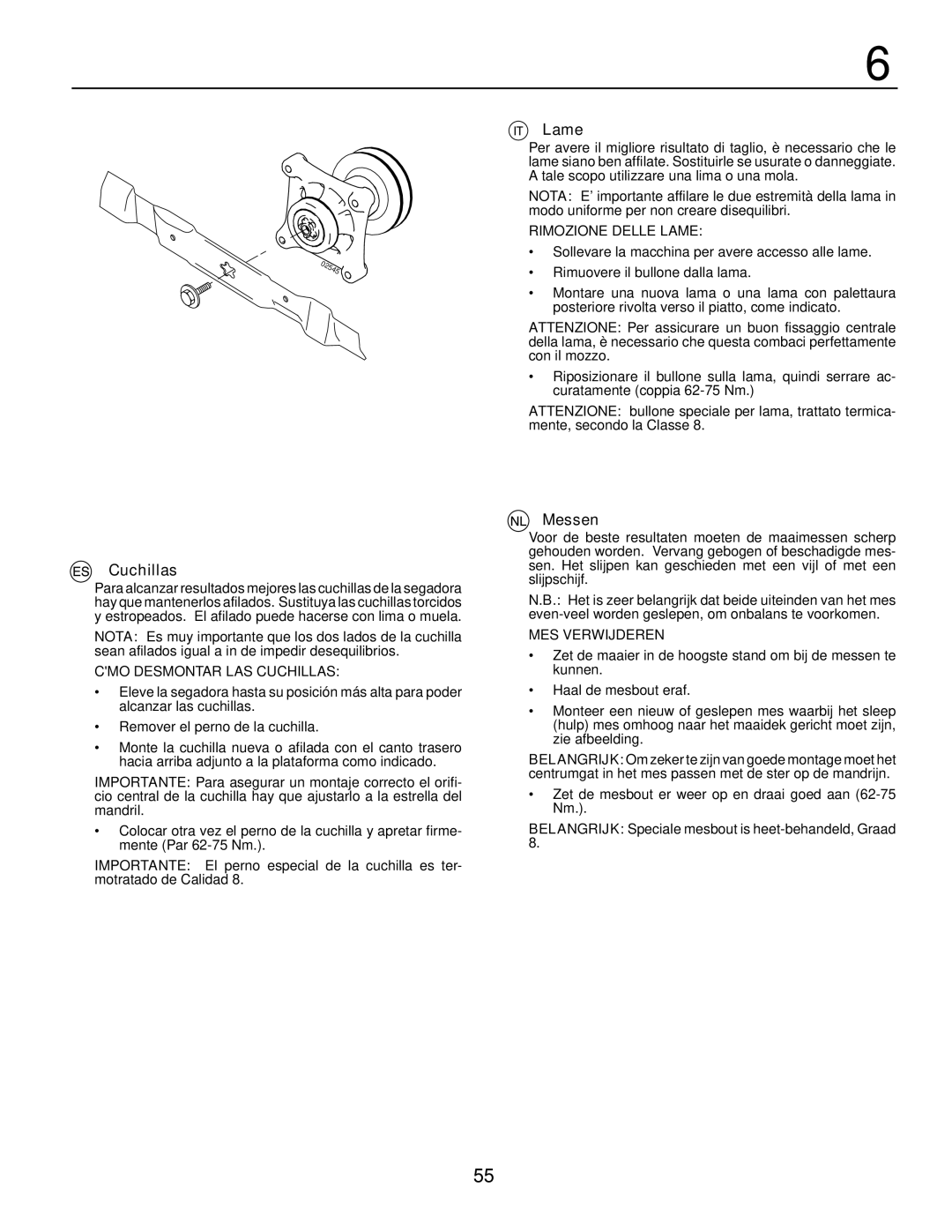 Husqvarna LTH171 instruction manual Cuchillas, Lame, Messen 