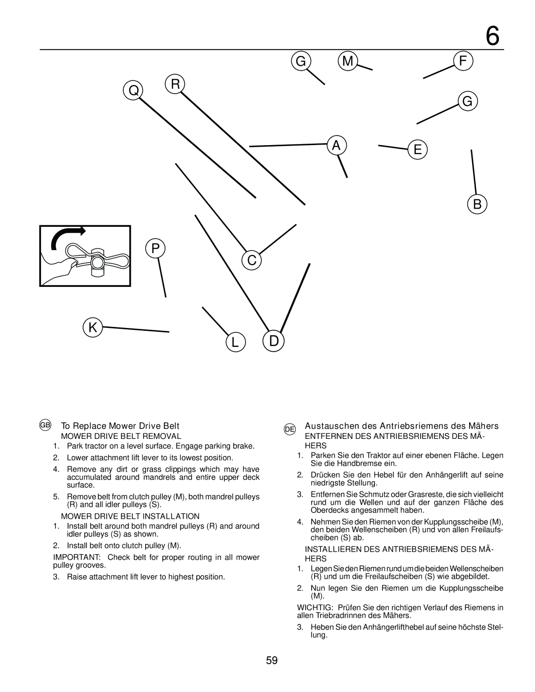 Husqvarna LTH171 instruction manual To Replace Mower Drive Belt, Austauschen des Antriebsriemens des Mähers 