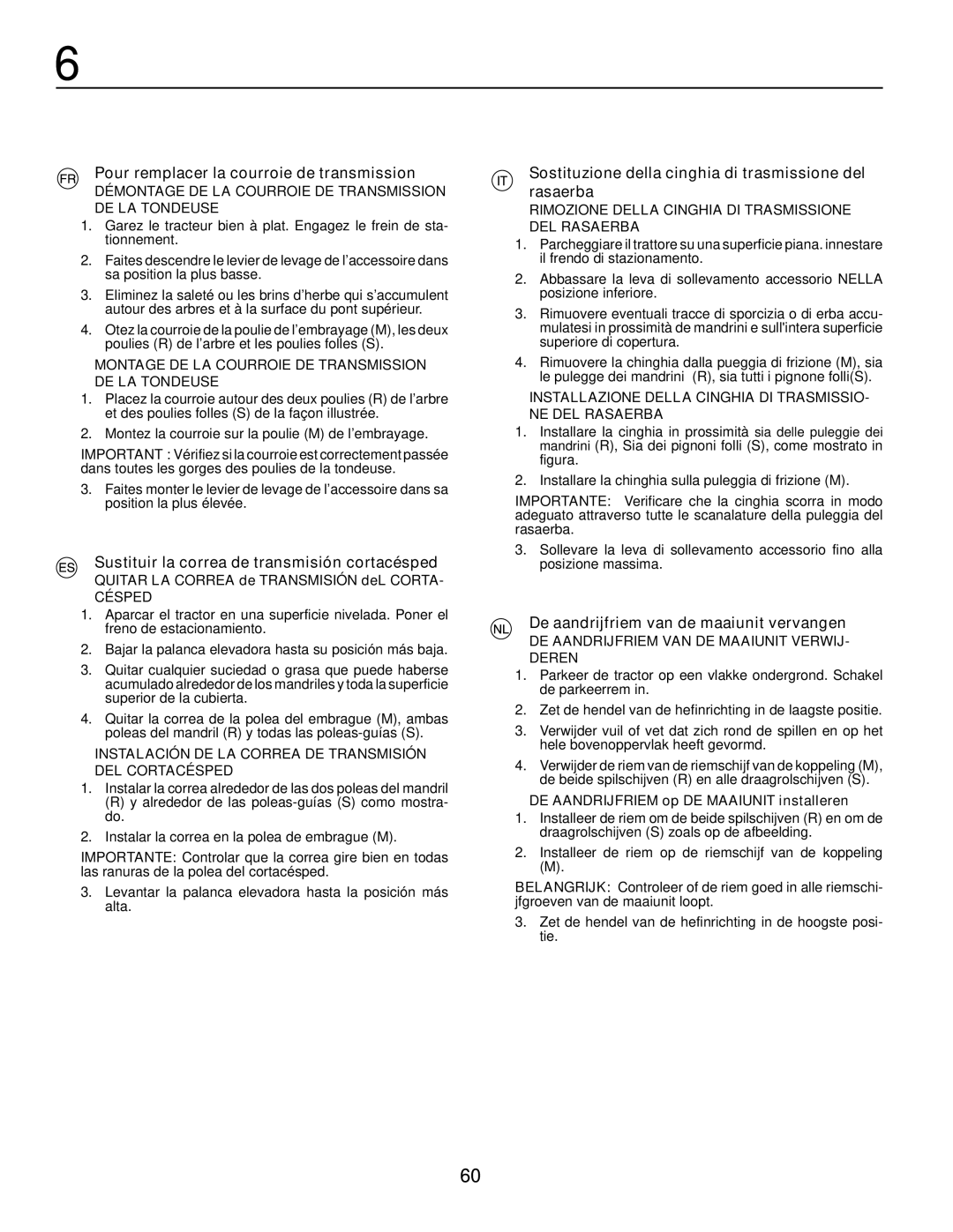 Husqvarna LTH171 Pour remplacer la courroie de transmission, Sustituir la correa de transmisión cortacésped 