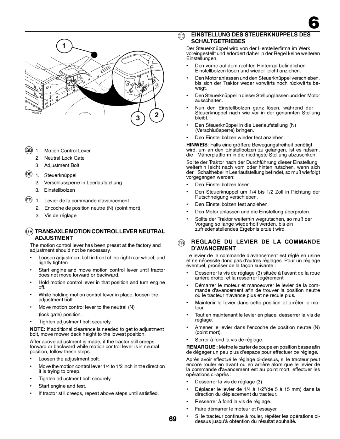 Husqvarna LTH171 Einstellung DES Steuerknüppels DES, Schaltgetriebes, Transaxle Motion Control Lever Neutral Adjustment 