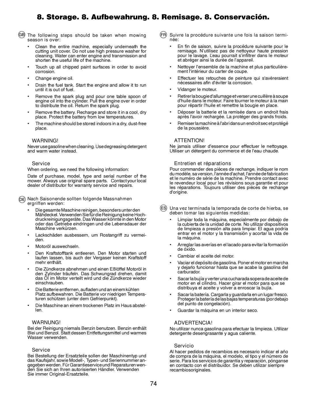 Husqvarna LTH171 Storage . Aufbewahrung . Remisage . Conservación, Service, Entretien et réparations, Servicio 