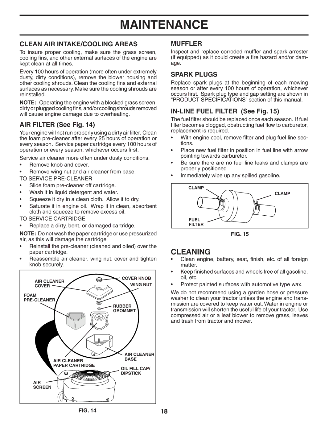 Husqvarna LTH1742 owner manual Cleaning, Clean AIR INTAKE/COOLING Areas, Muffler, Spark Plugs 