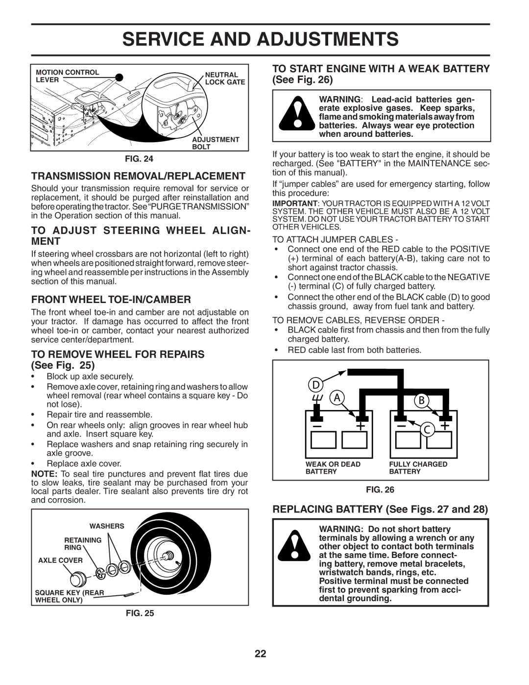 Husqvarna LTH1742 Transmission REMOVAL/REPLACEMENT, To Adjust Steering Wheel ALIGN- Ment, Front Wheel TOE-IN/CAMBER 