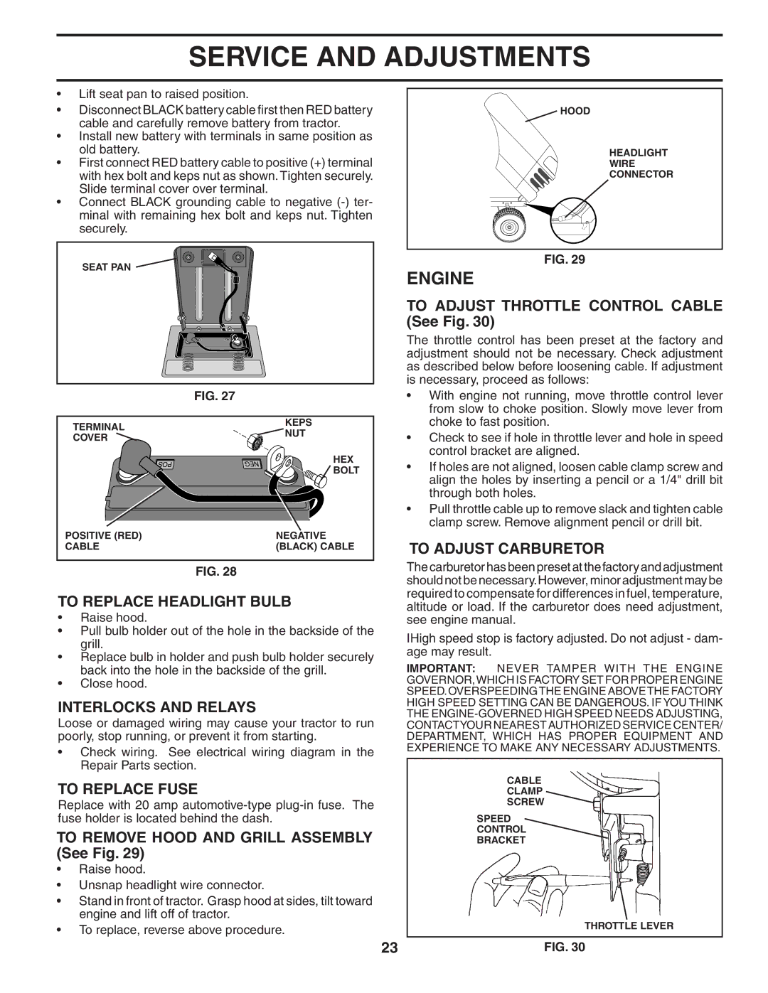 Husqvarna LTH1742 owner manual To Replace Headlight Bulb, Interlocks and Relays, To Replace Fuse, To Adjust Carburetor 