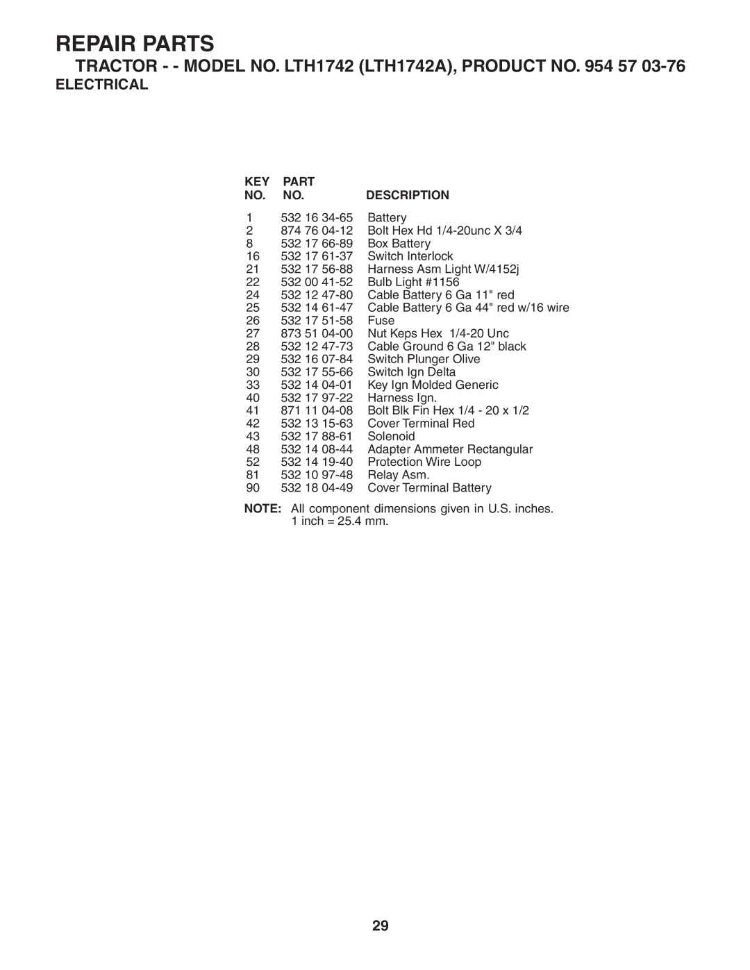 Husqvarna LTH1742 owner manual KEY Part Description 