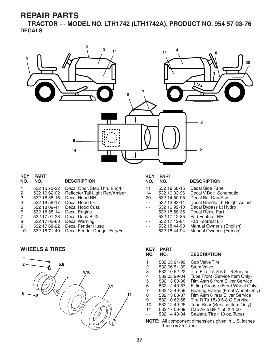 Husqvarna LTH1742 owner manual Decals, Wheels & Tires 