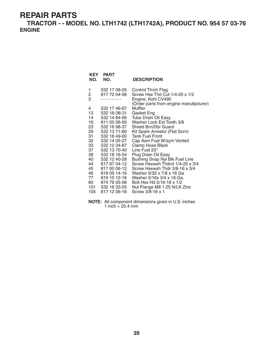 Husqvarna LTH1742 owner manual Repair Parts 