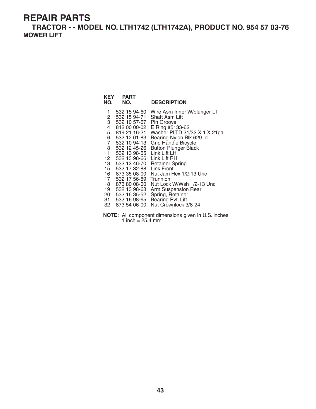 Husqvarna LTH1742 owner manual Repair Parts 