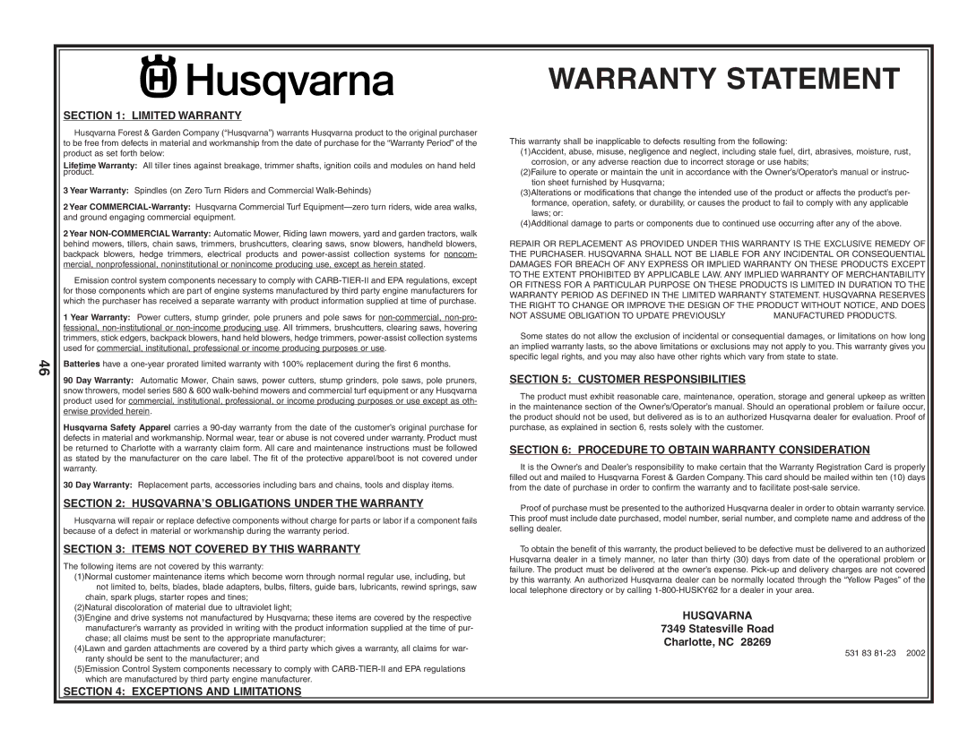 Husqvarna LTH1742 owner manual Warranty Statement 