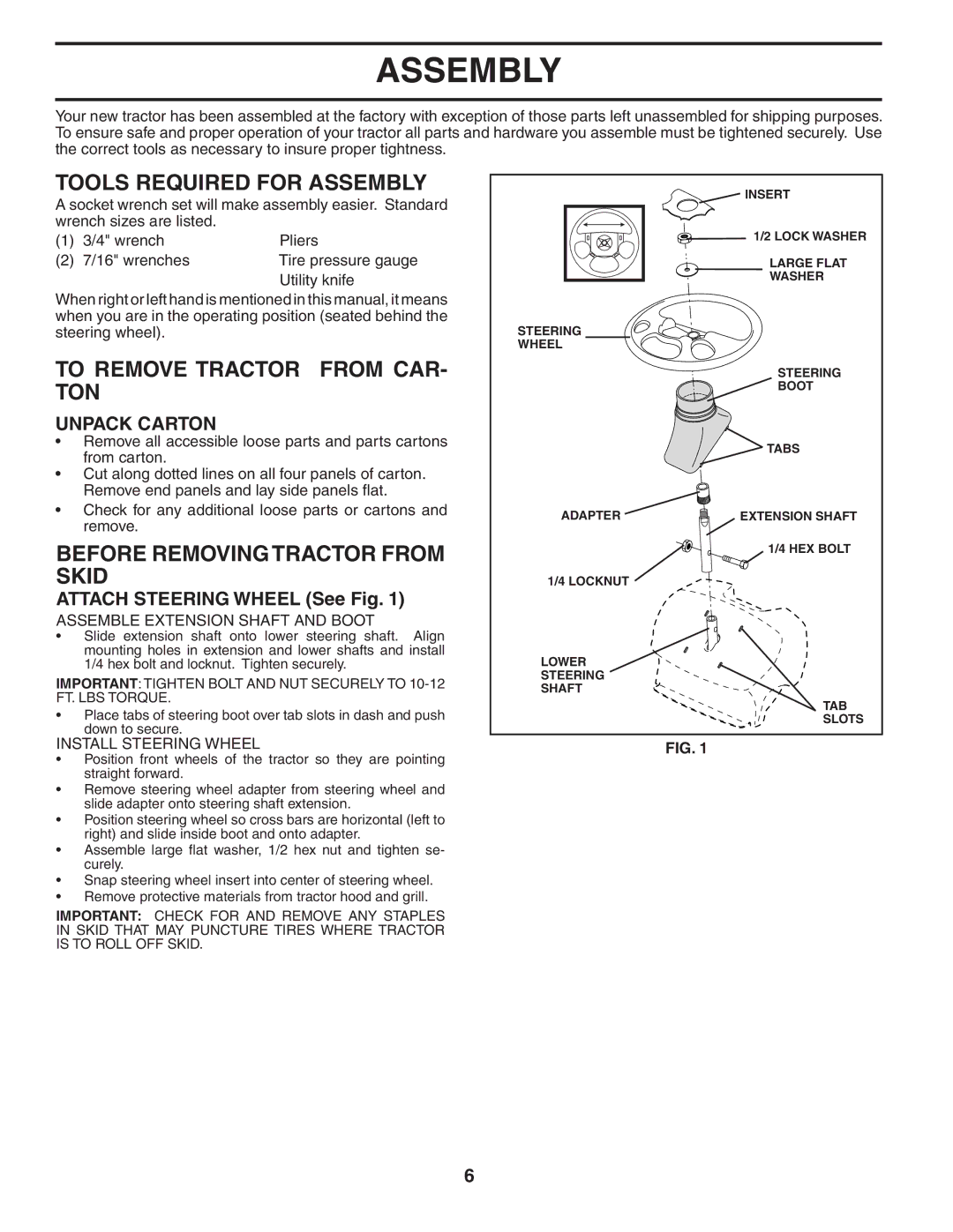 Husqvarna LTH1742 Tools Required for Assembly, To Remove Tractor from CAR- TON, Before Removing Tractor from Skid 