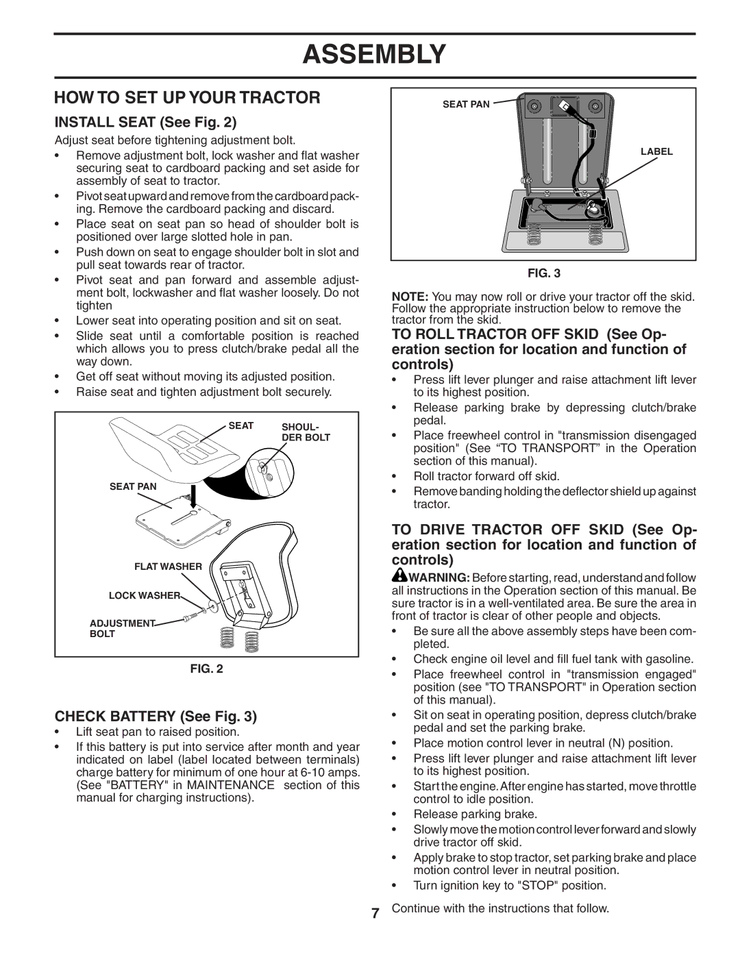 Husqvarna LTH1742 owner manual HOW to SET UP Your Tractor, Install Seat See Fig, Check Battery See Fig 