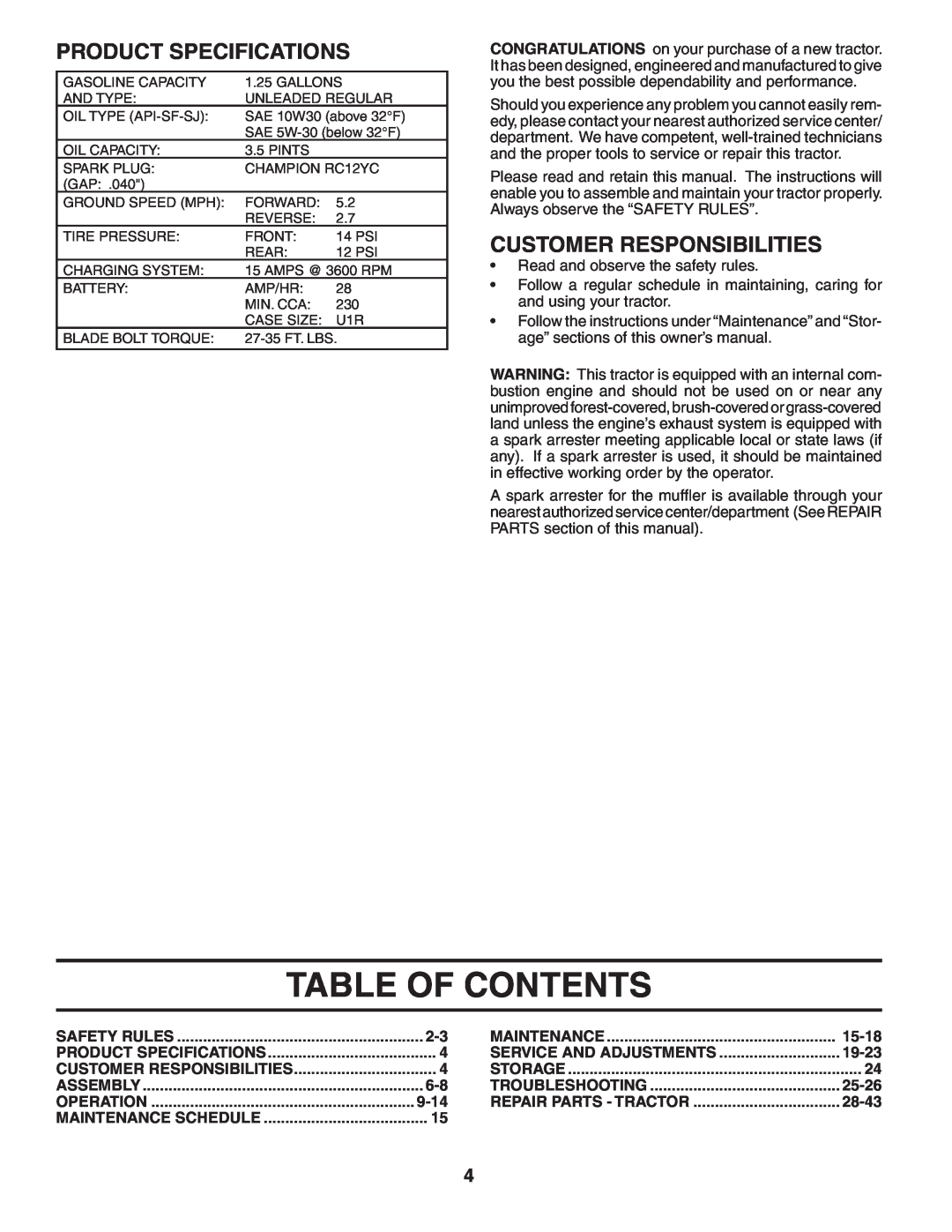 Husqvarna LTH1742 owner manual Table Of Contents, Product Specifications, Customer Responsibilities 