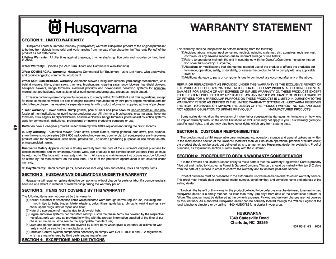 Husqvarna LTH1742 owner manual Warranty Statement, Limited Warranty, Husqvarna’S Obligations Under The Warranty 