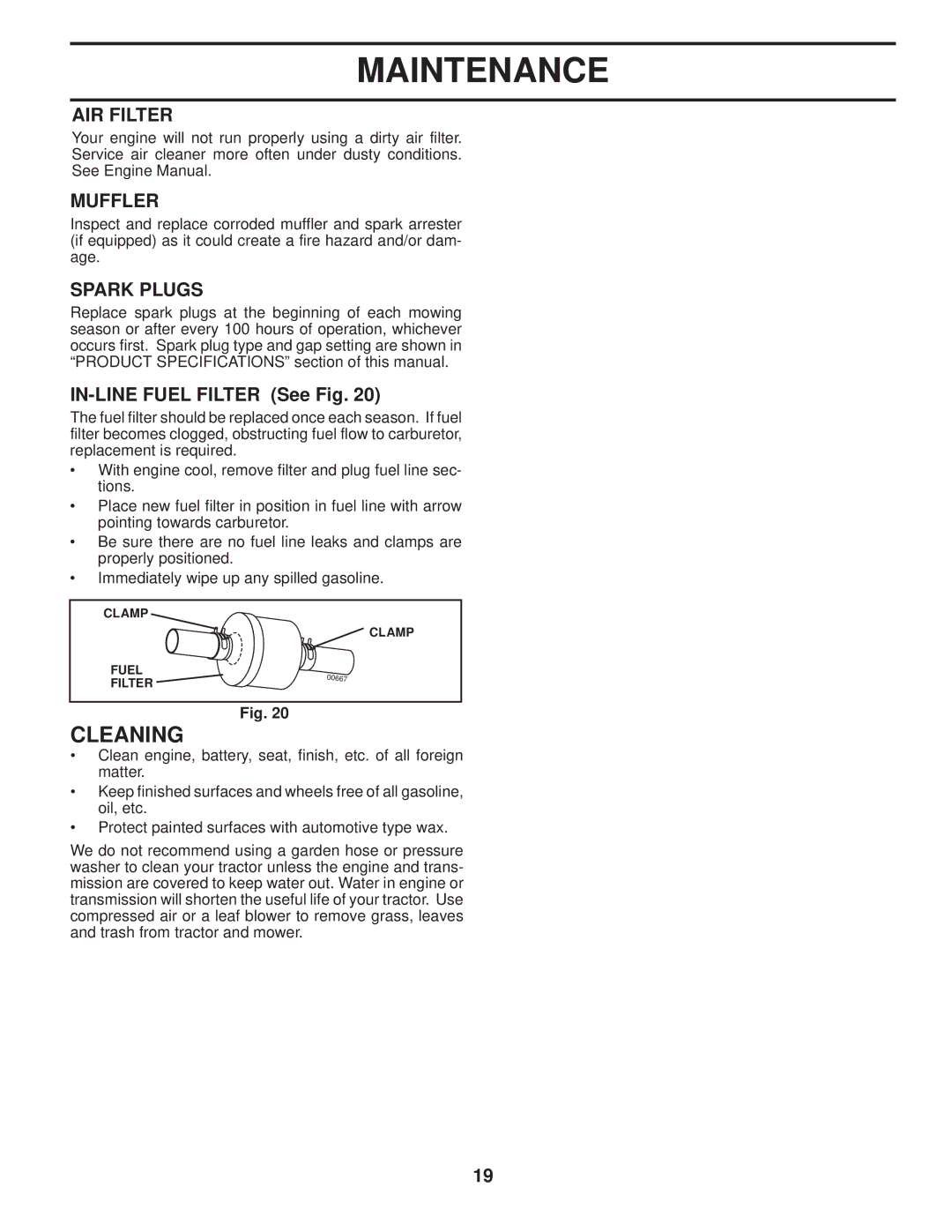 Husqvarna LTH1742T manual Cleaning, AIR Filter, Muffler, Spark Plugs, IN-LINE Fuel Filter See Fig 