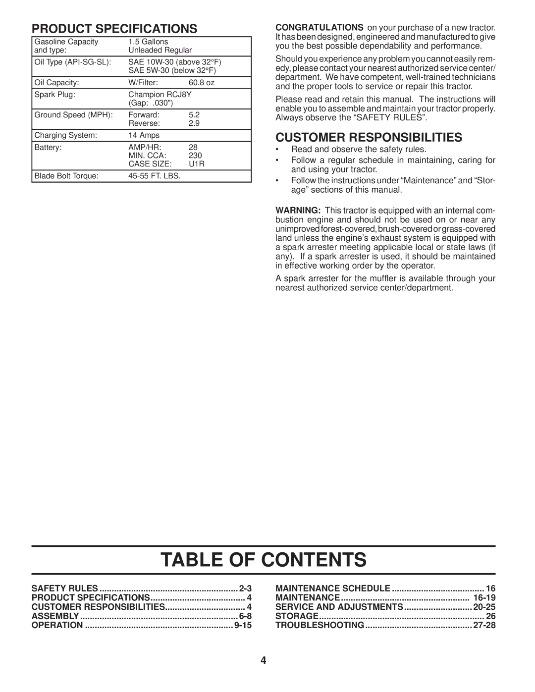 Husqvarna LTH1742T manual Table of Contents 