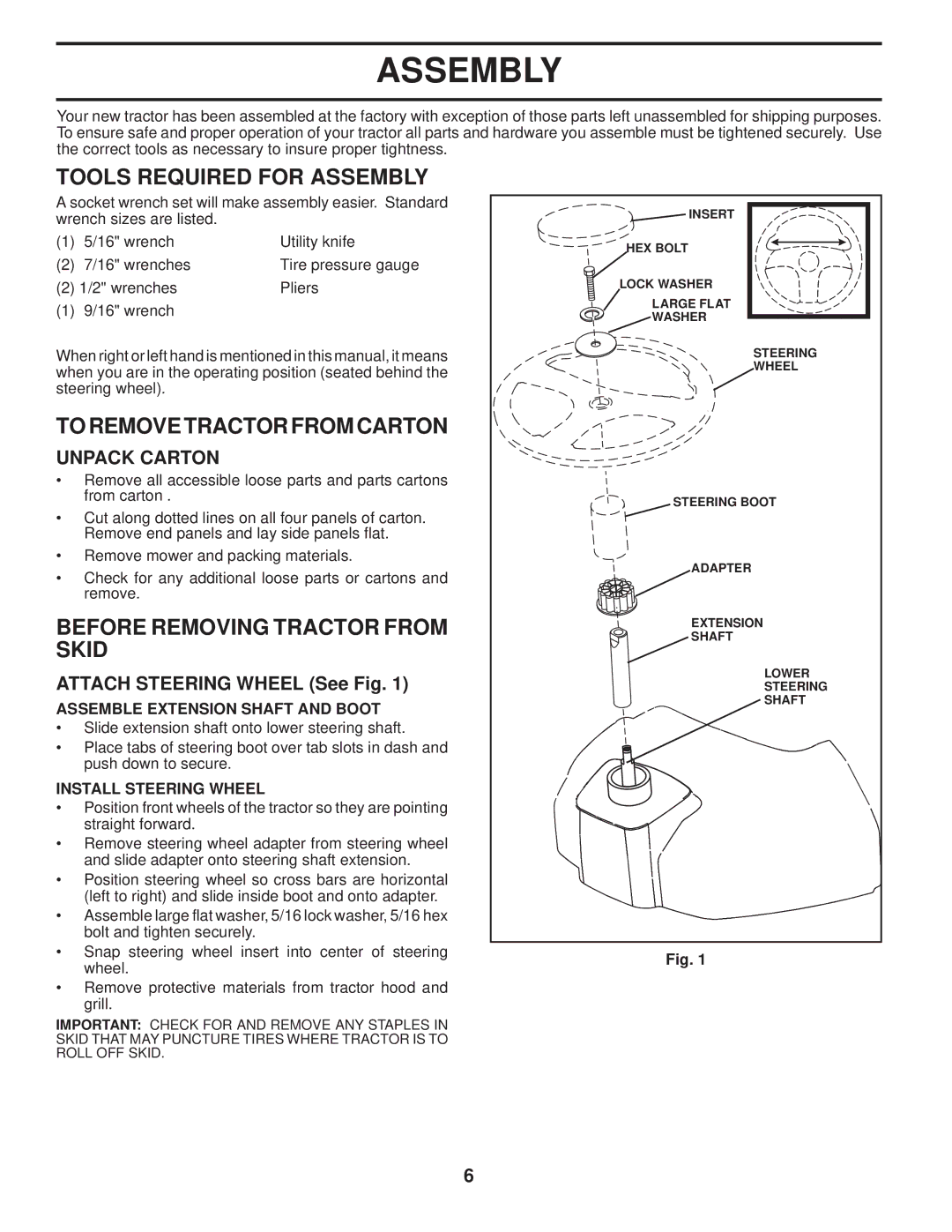 Husqvarna LTH1742T manual Tools Required for Assembly, To Remove Tractor from Carton, Before Removing Tractor from Skid 