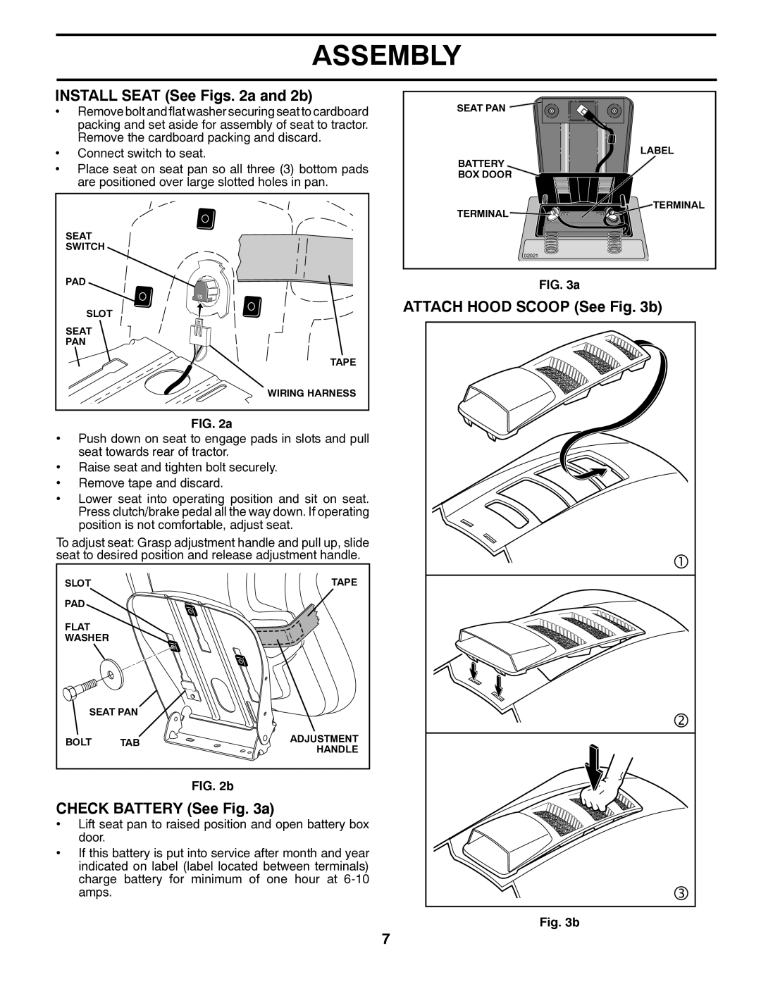 Husqvarna LTH1742TWIN manual Install Seat See Figs a and 2b, Attach Hood Scoop See b, Check Battery See a 