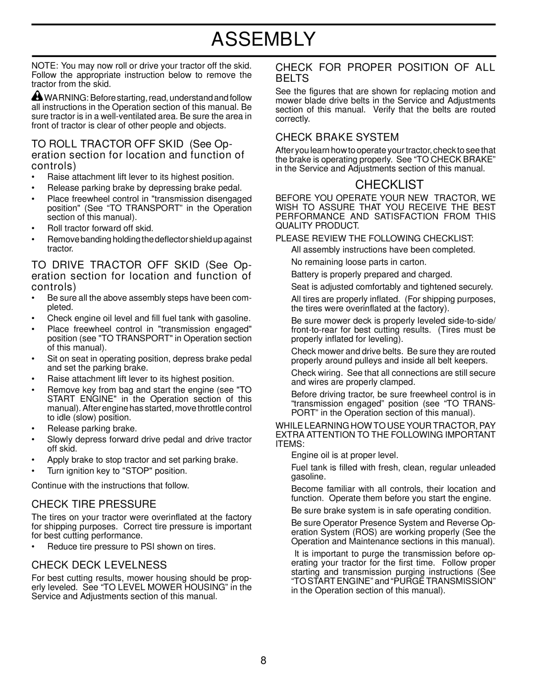 Husqvarna LTH1742TWIN manual Check Tire Pressure, Check Deck Levelness, Check for Proper Position of ALL Belts 