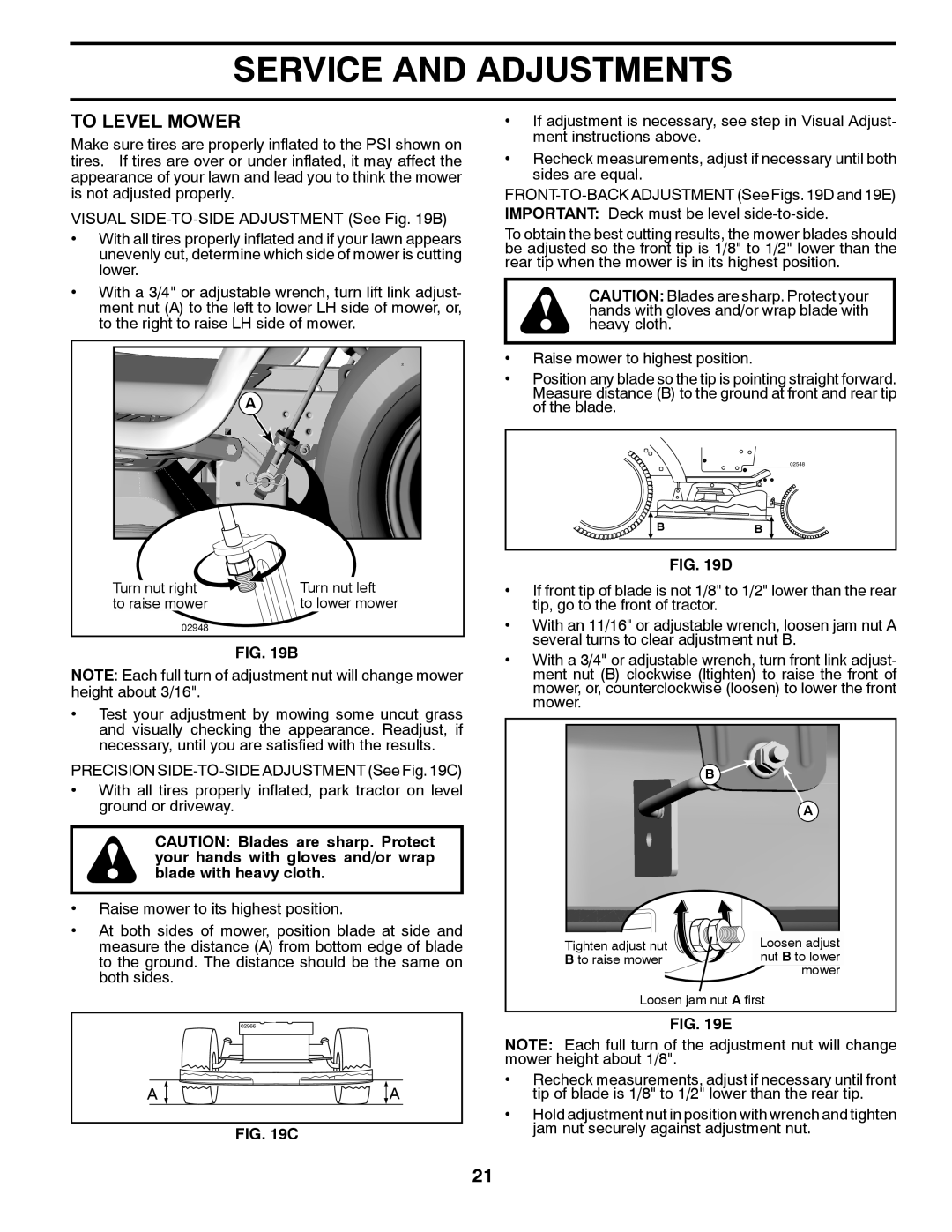 Husqvarna LTH1742TWIN manual To Level Mower, Service And Adjustments, B, C, D, E 