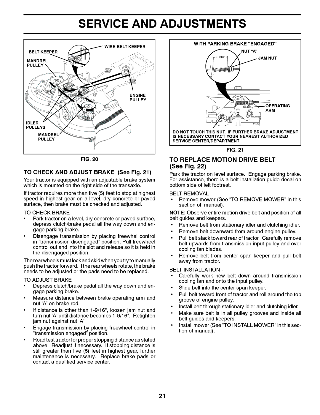 Husqvarna LTH1797 owner manual To Replace Motion Drive Belt See Fig, To Check Brake, To Adjust Brake 