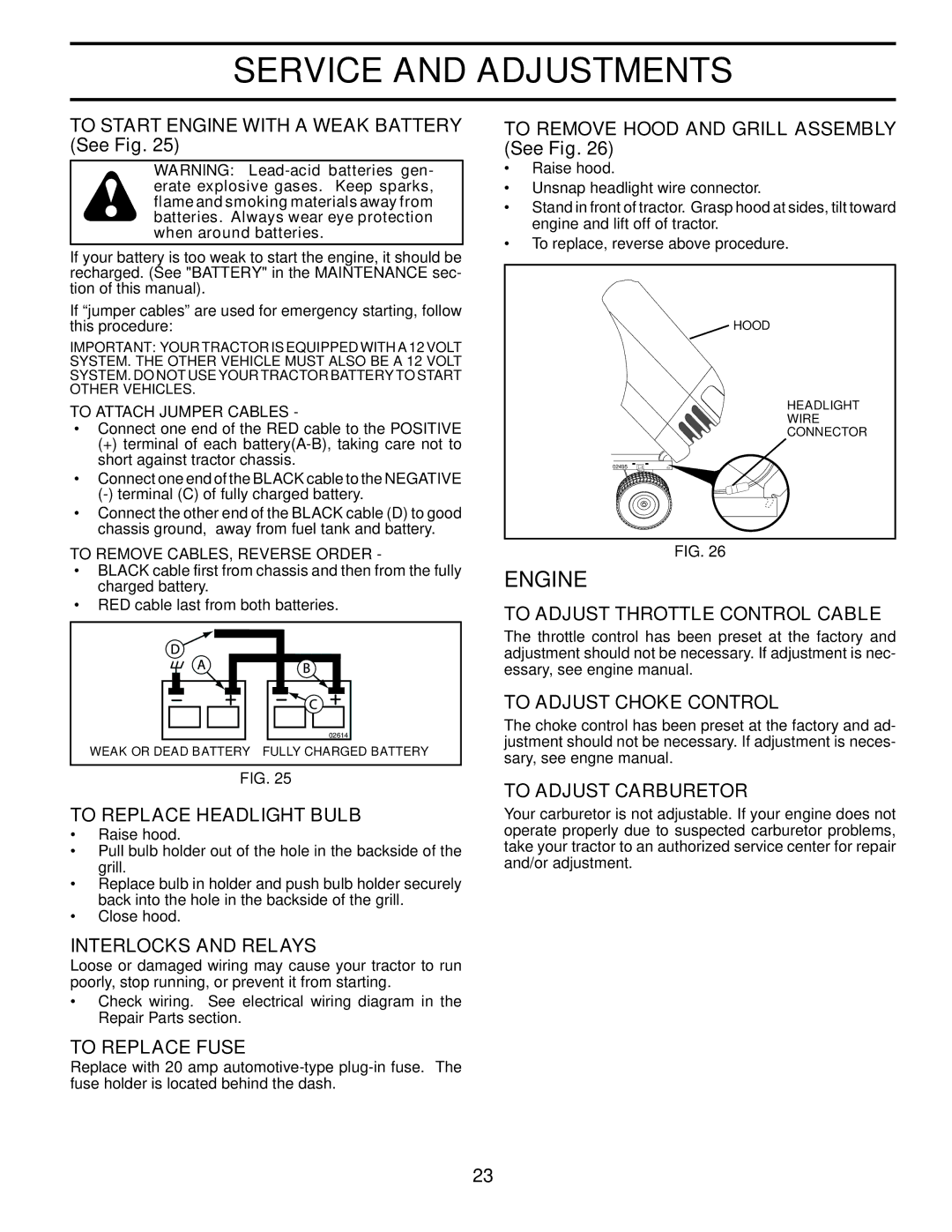 Husqvarna LTH1797 To Replace Headlight Bulb, Interlocks and Relays, To Replace Fuse, To Adjust Throttle Control Cable 