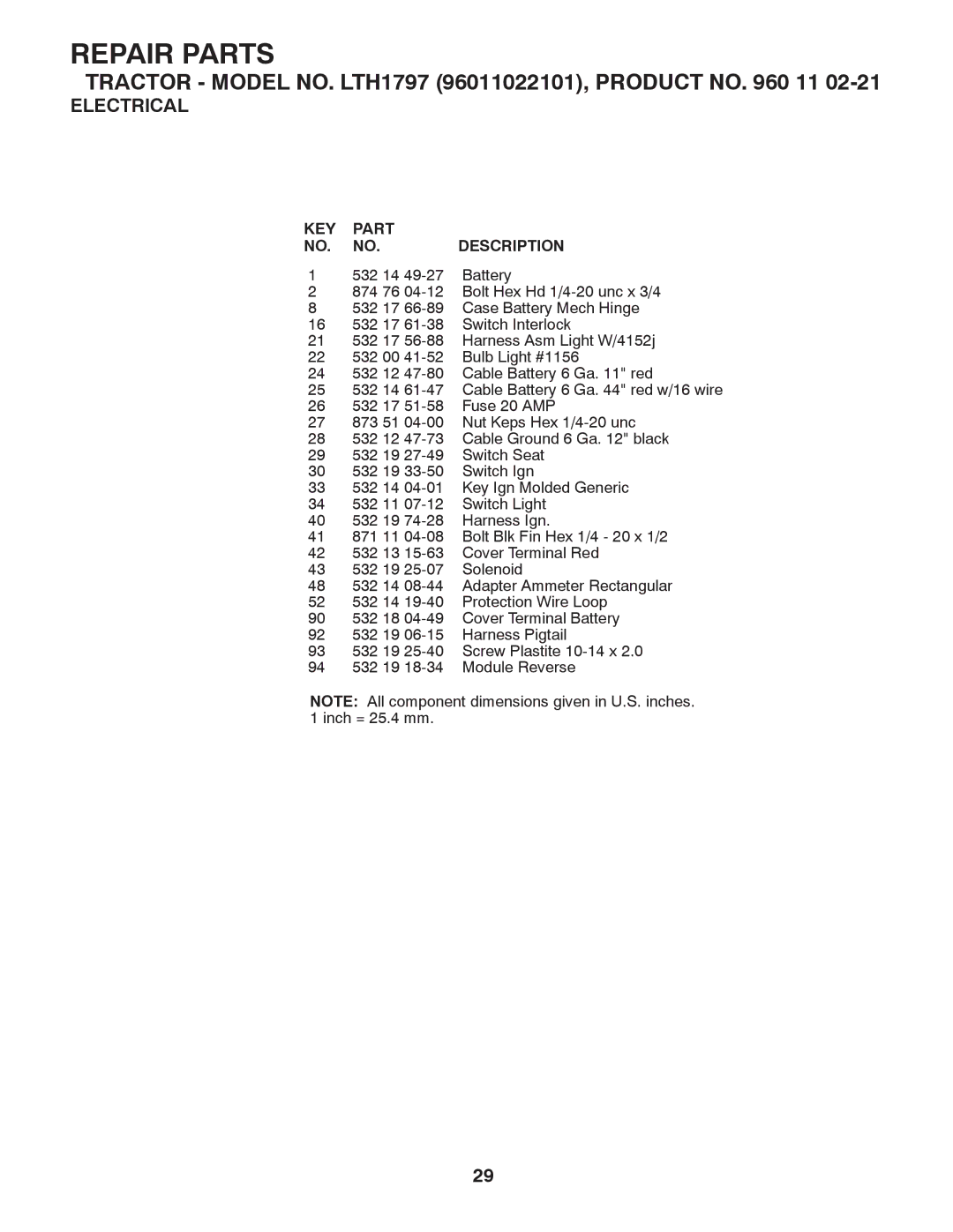 Husqvarna LTH1797 owner manual KEY Part Description 