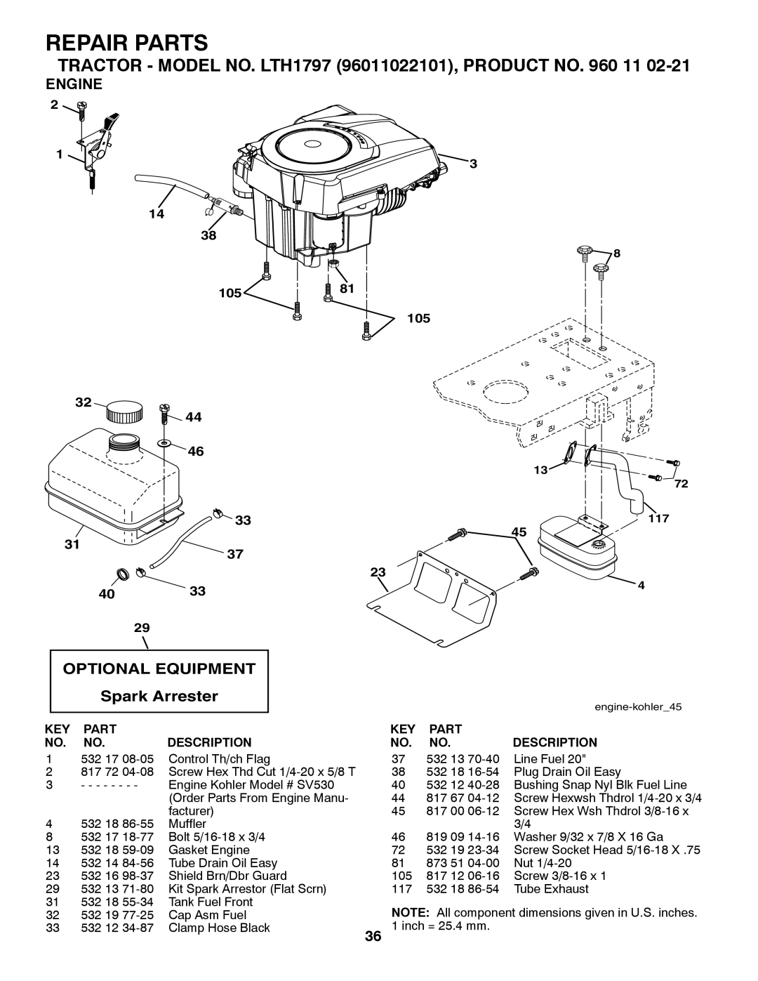 Husqvarna LTH1797 owner manual Engine, Optional Equipment, Spark Arrester 