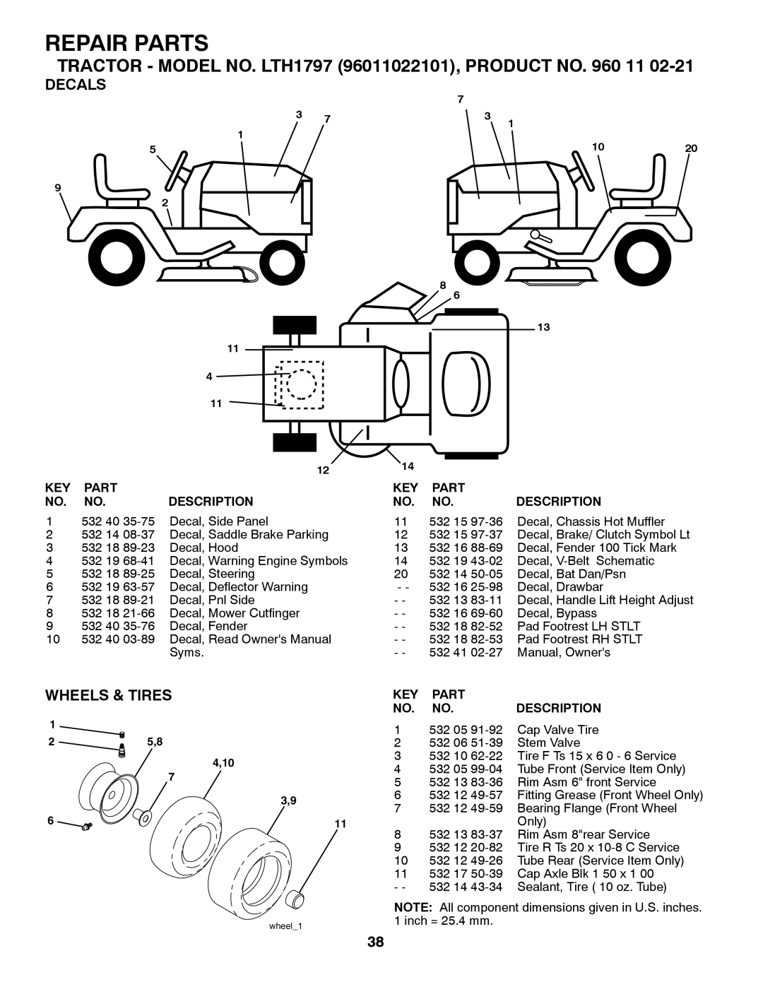 Husqvarna LTH1797 owner manual Decals, Wheels & Tires 