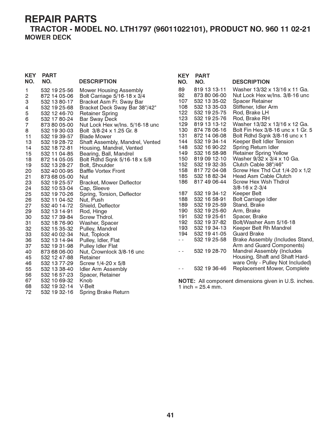 Husqvarna LTH1797 owner manual Repair Parts 