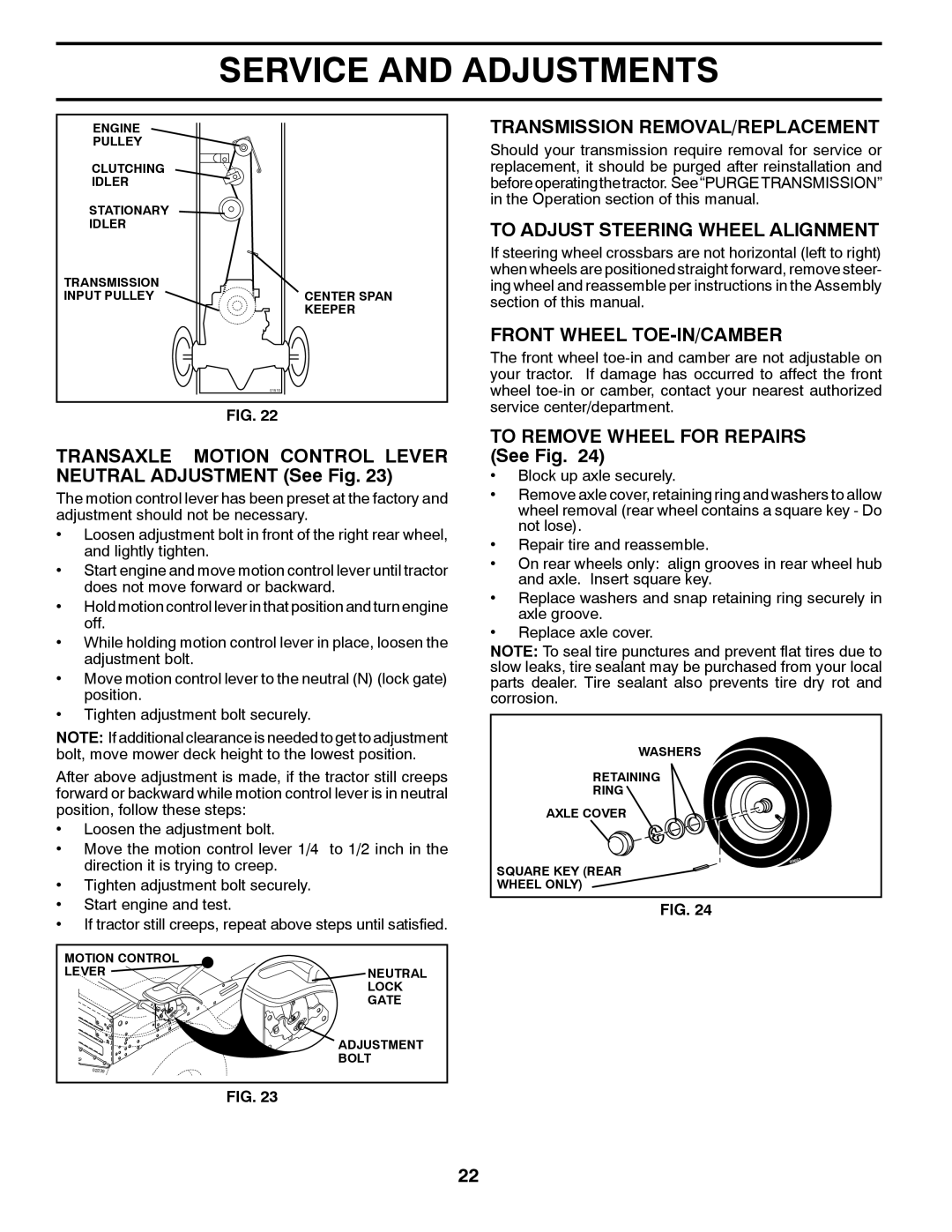 Husqvarna LTH1797 owner manual TRANSAXLE MOTION CONTROL LEVER NEUTRAL ADJUSTMENT See Fig, Transmission Removal/Replacement 