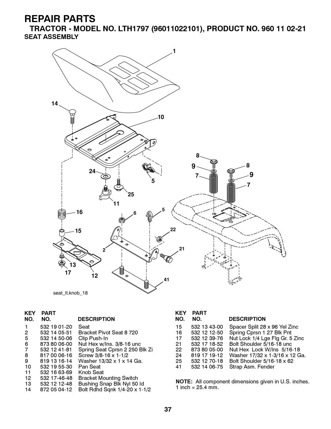 Husqvarna Seat Assembly, Repair Parts, TRACTOR - MODEL NO. LTH1797 96011022101, PRODUCT NO. 960 11, seatlt.knob18 