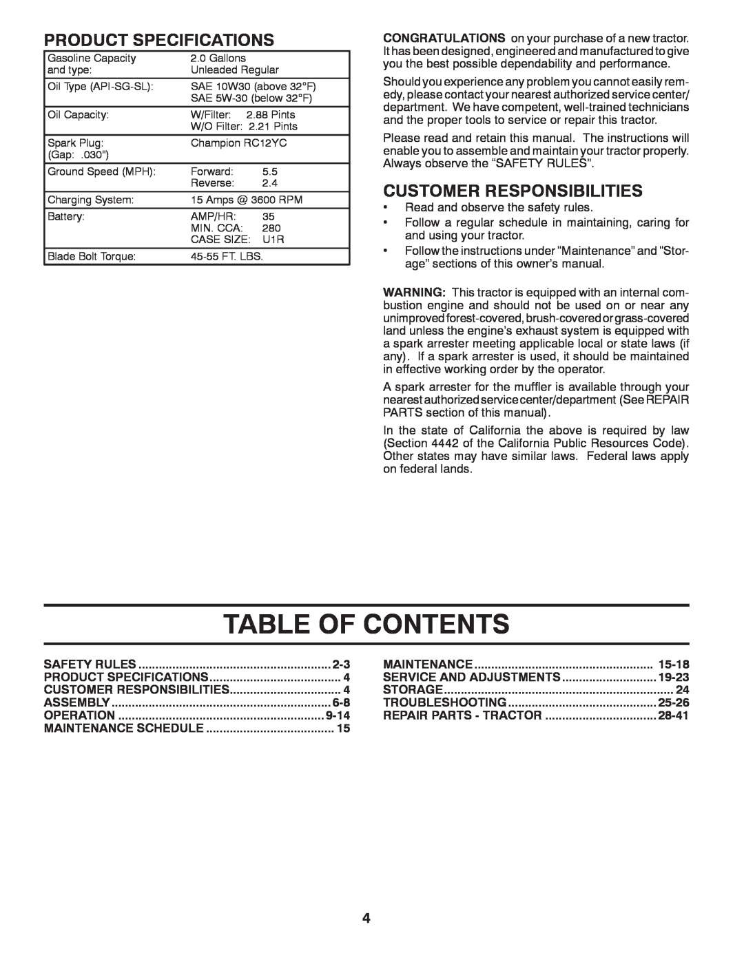 Husqvarna LTH1797 owner manual Table Of Contents, Product Specifications, Customer Responsibilities 