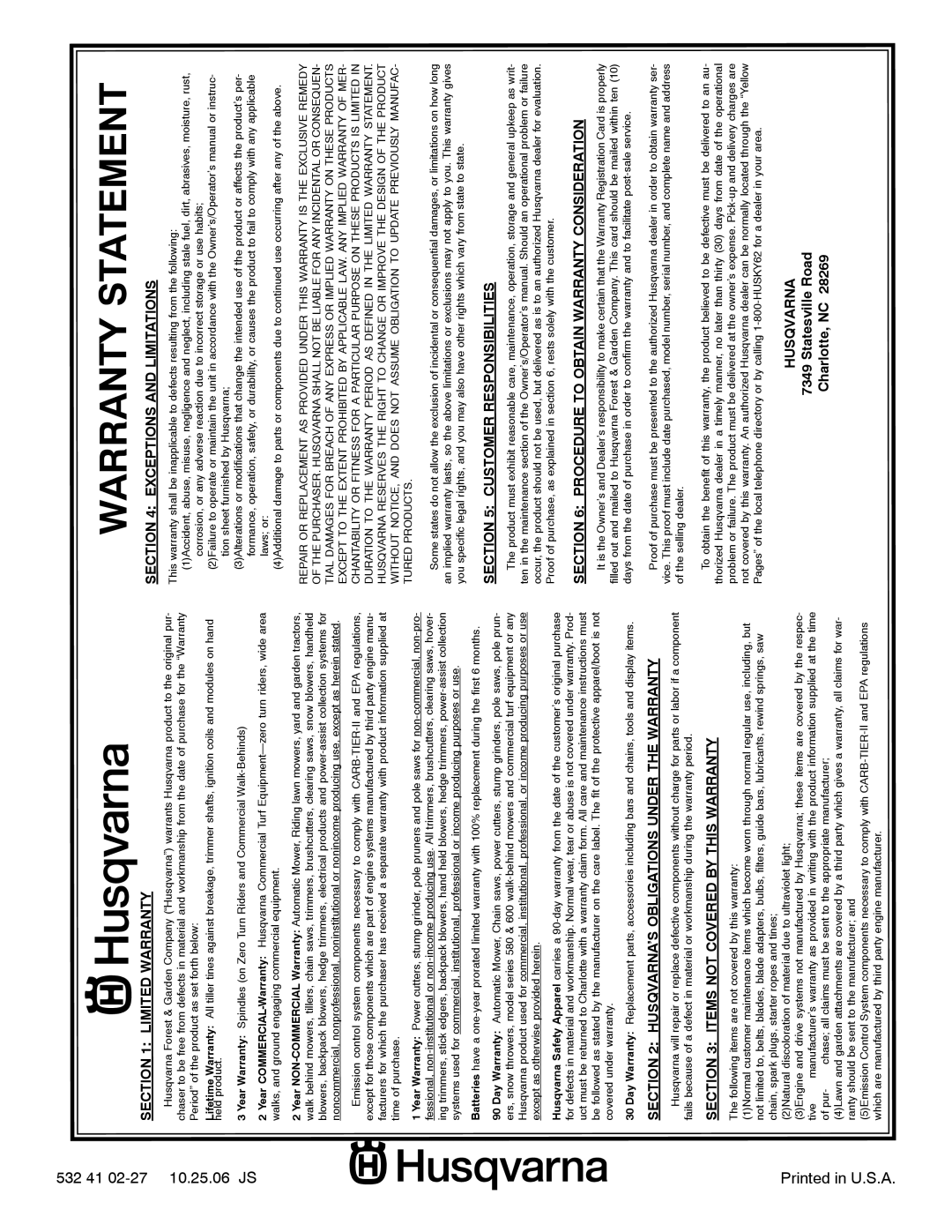 Husqvarna LTH1797 owner manual Statementwarranty, 532 41 02-27 10.25.06 JS, Printed in U.S.A 