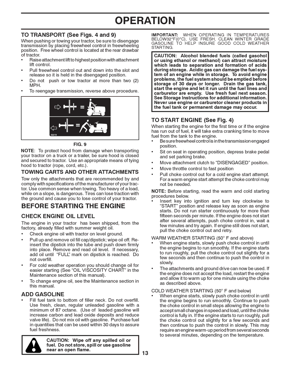 Husqvarna LTH1842 manual Before Starting the Engine, To Transport See Figs, Check Engine OIL Level, ADD Gasoline 