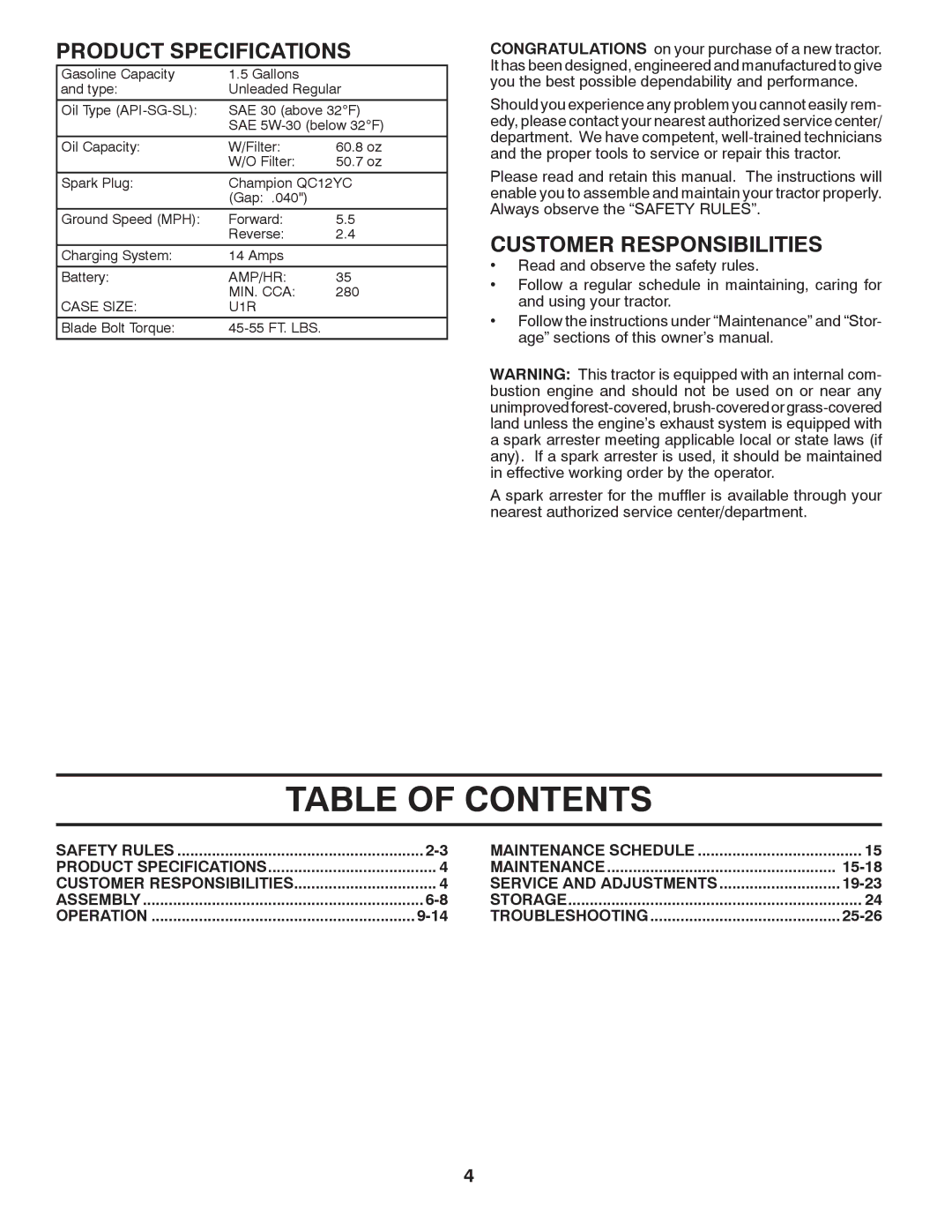 Husqvarna LTH1842 manual Table of Contents 