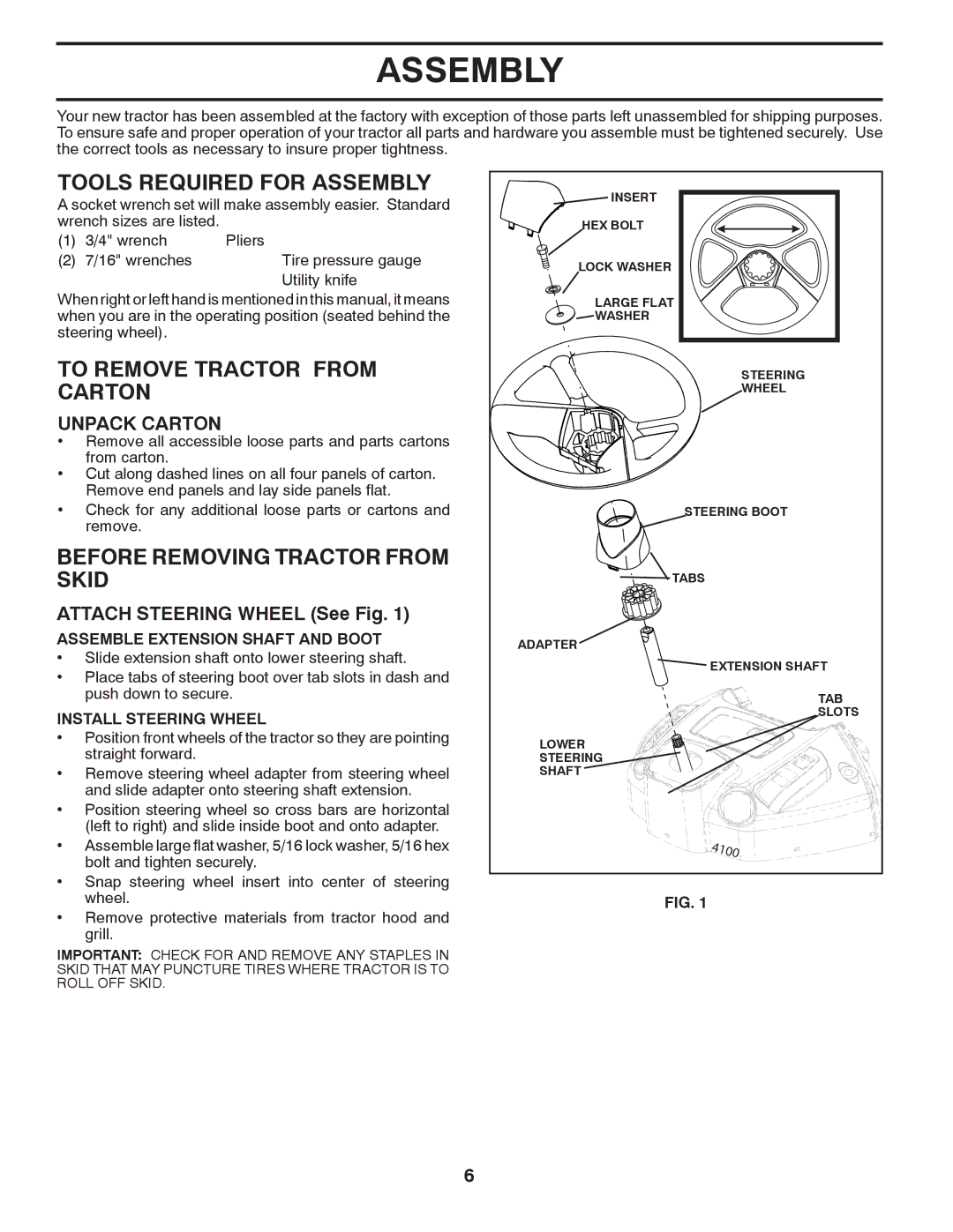 Husqvarna LTH1842 manual Tools Required for Assembly, To Remove Tractor from Carton, Before Removing Tractor from Skid 