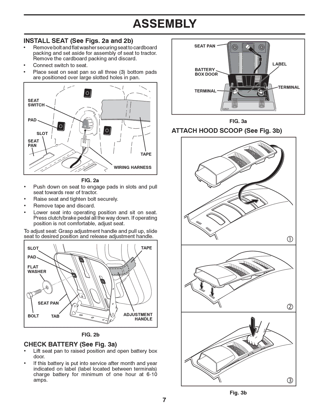 Husqvarna LTH1842 manual Install Seat See Figs a and 2b, Attach Hood Scoop See b, Check Battery See a 