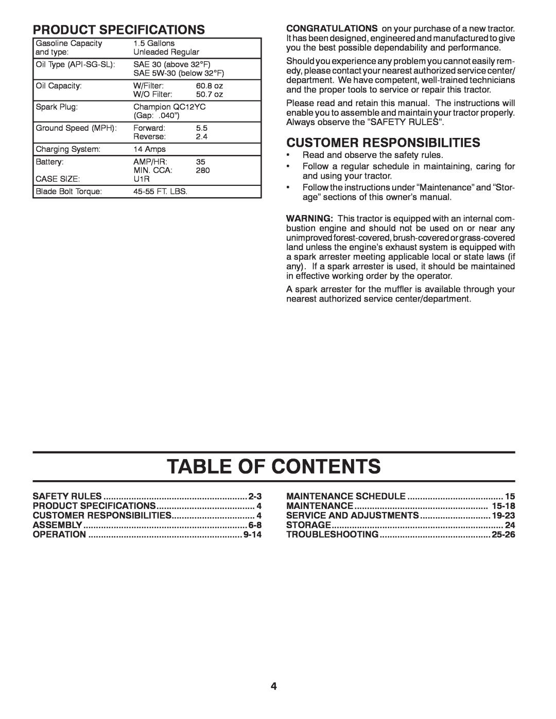 Husqvarna LTH1842 manual Table Of Contents, Product Specifications, Customer Responsibilities 