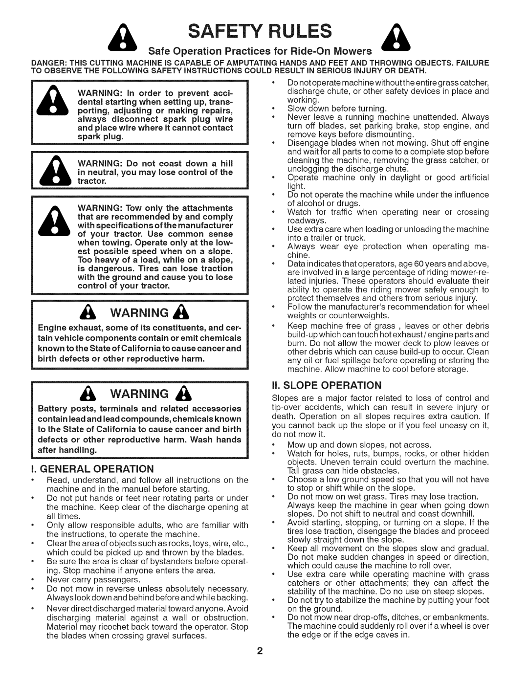 Husqvarna LTH18538 owner manual Safe Operation Practices for Ride=On Mowers, General Operation, Ft. Slope Operation 