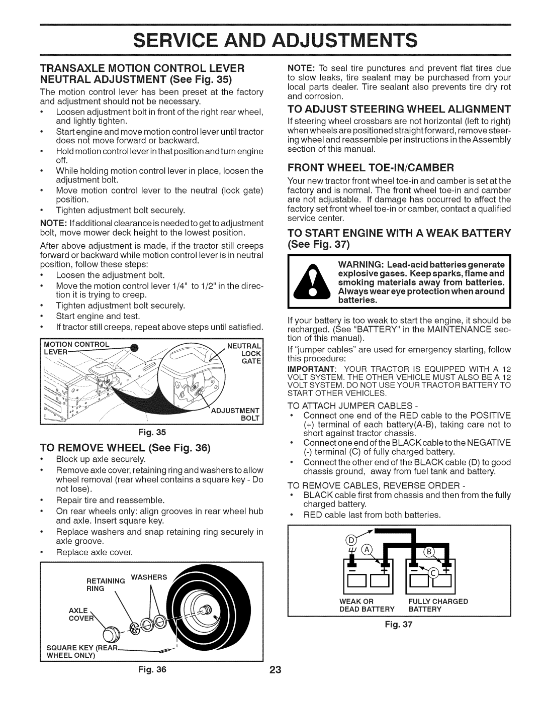 Husqvarna LTH18538 owner manual Transaxle Motion Control Lever, To Remove Wheel See Fig, To Adjust Steering Wheel Alignment 