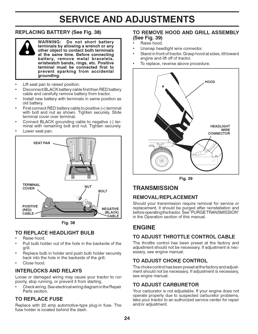 Husqvarna LTH18538 owner manual Transmission, Engine 