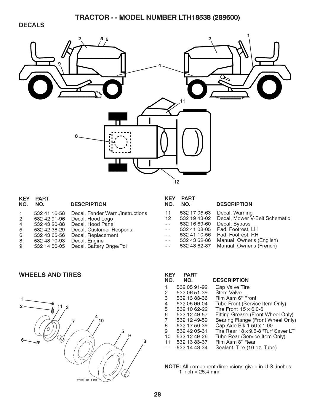 Husqvarna LTH18538 owner manual Decals, Wheels, Tires, KEY Part, Description 