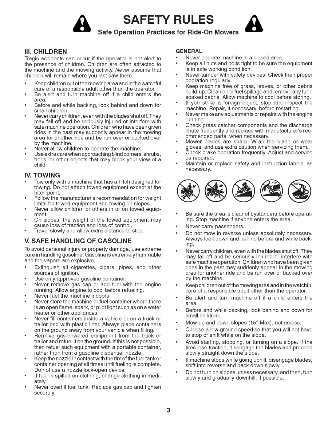 Husqvarna LTH18538 owner manual Rules, Safe Operation Practices, IV. Towing, Safe Handling of Gasoline 