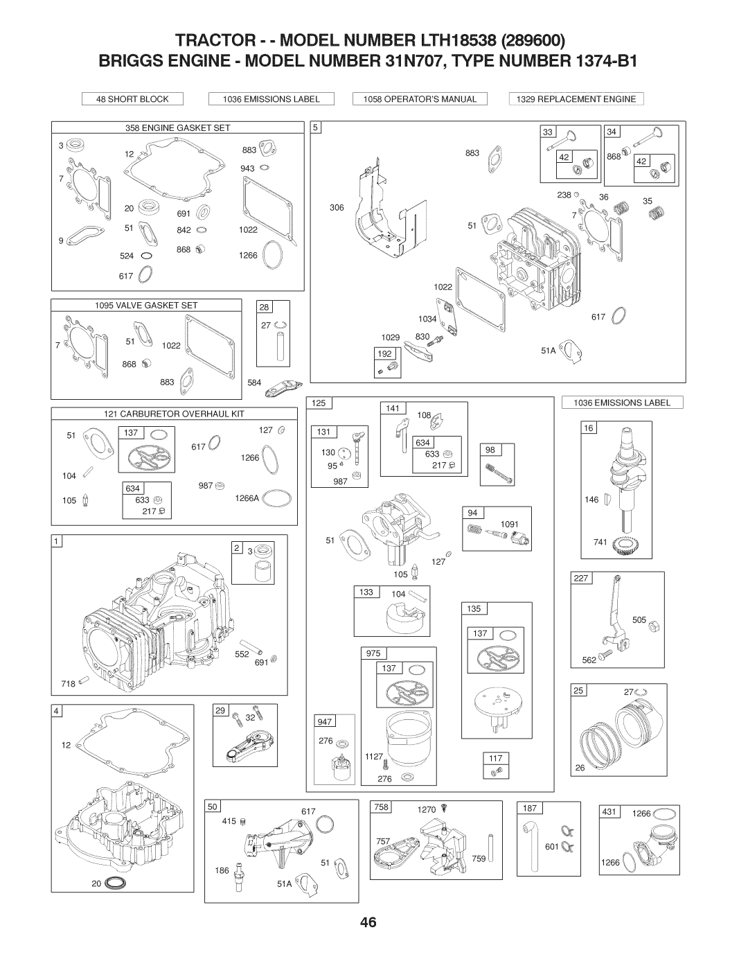 Husqvarna LTH18538 owner manual Briggs Engine Model Number 31 N707, Type Number 1374-B1, 132gREPLACEMENT 