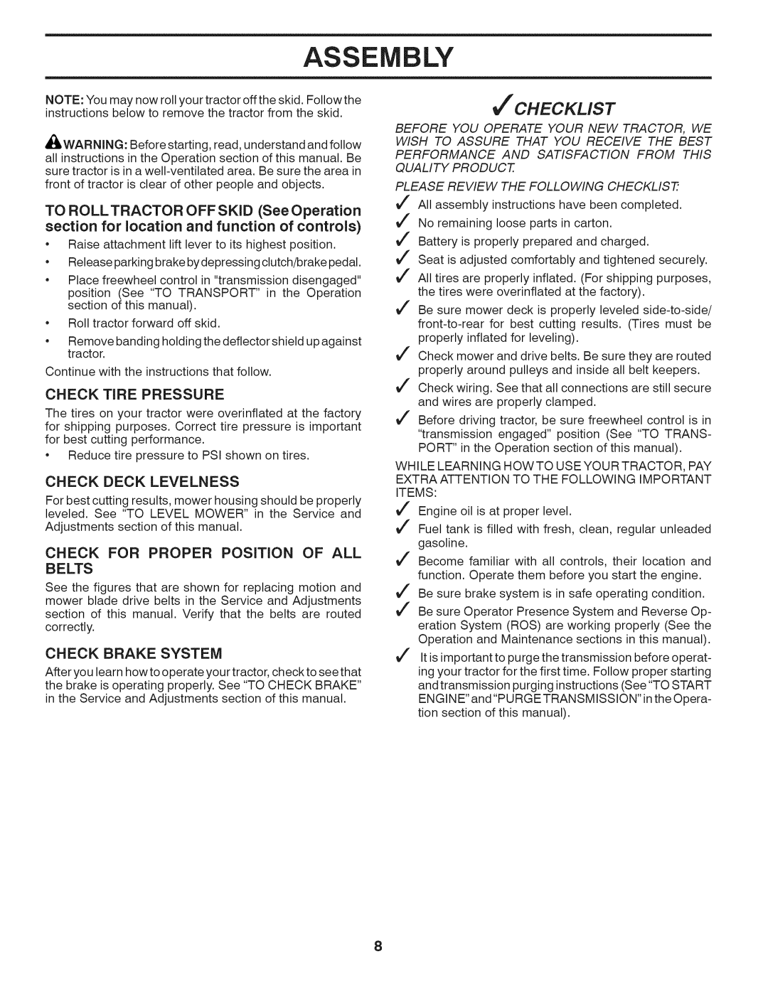 Husqvarna LTH18538 Jchecklist, Check TiRE Pressure, Check Deck Levelness, Check for Proper Position of ALL Belts 