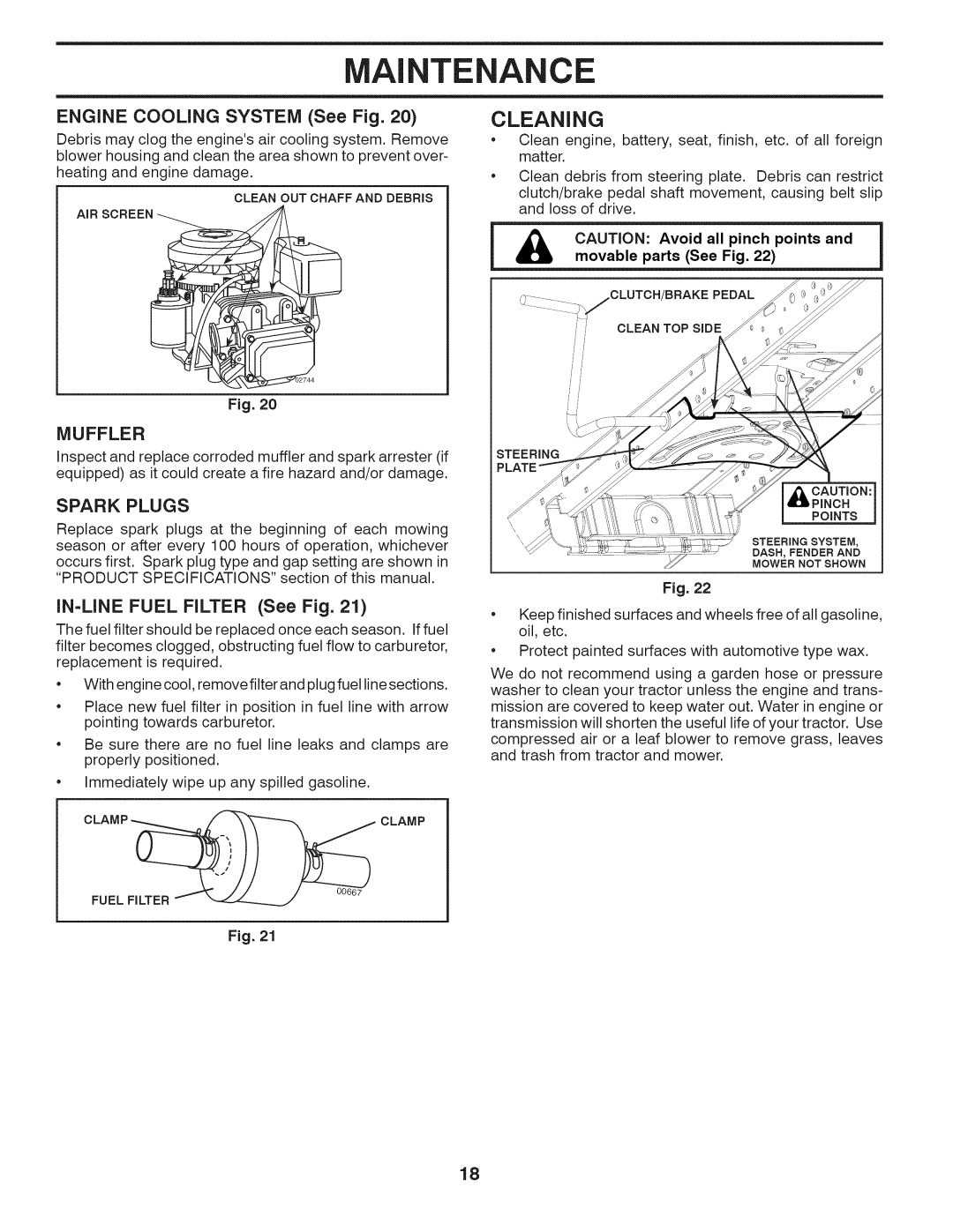 Husqvarna LTH18538 owner manual Cleaning, iAO O OO: voOi, Maintenance, ENGINE COOLING SYSTEM See Fig, Muffler, Spark Plugs 