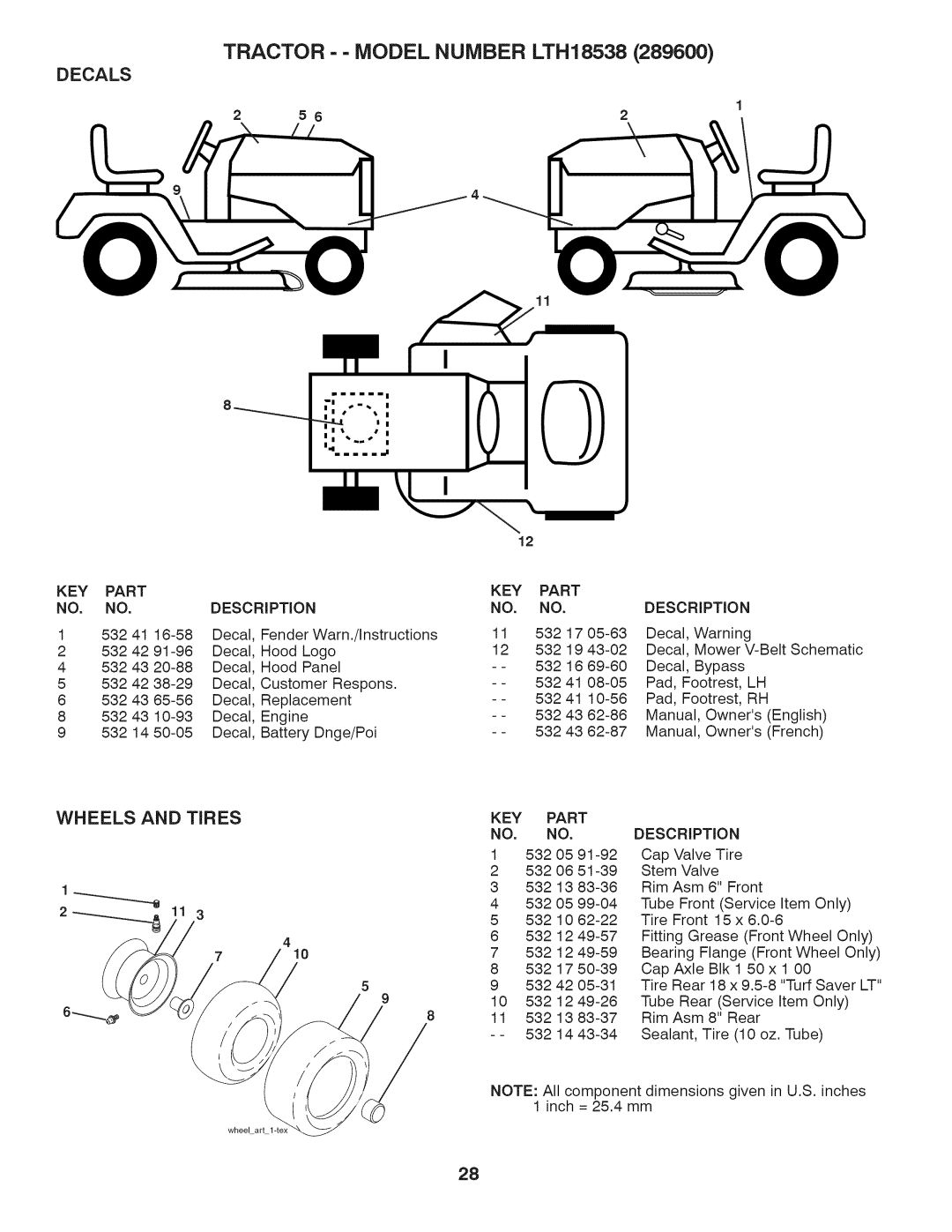 Husqvarna owner manual TRACTOR - - MODEL NUMBER LTH18538, Decals, Wheels, And Tires, Description 